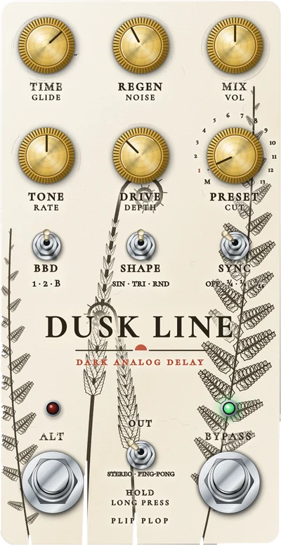 The Dusk Line window: a worn cream pedal with an engraved fern, six gold knobs, four chrome toggle switches and two chrome footswitches