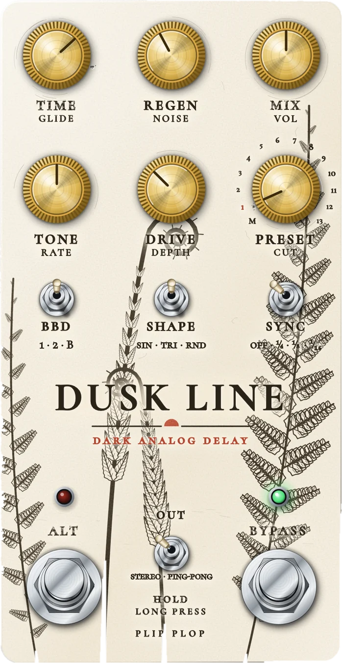 The Dusk Line window: a worn cream pedal with an engraved fern, six gold knobs, four chrome toggle switches and two chrome footswitches