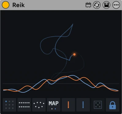 The Reik device in Ableton Live: the Thomas attractor drawn as a blue line with an orange dot, an orange and a blue line wandering along the bottom, and under them a row of eight small squares with dots, a die and a padlock